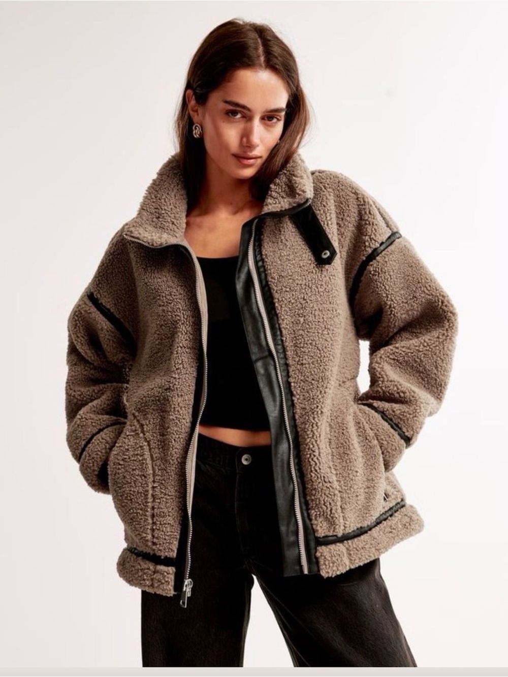 Abercrombie & Fitch Taupe Sherpa Zip-Up Jacket with Black Trim